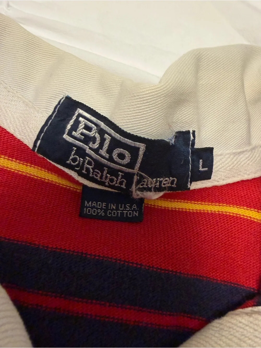Polo Ralph Lauren Red, Navy & Yellow Striped Rugby Pullover vintage L Y2K